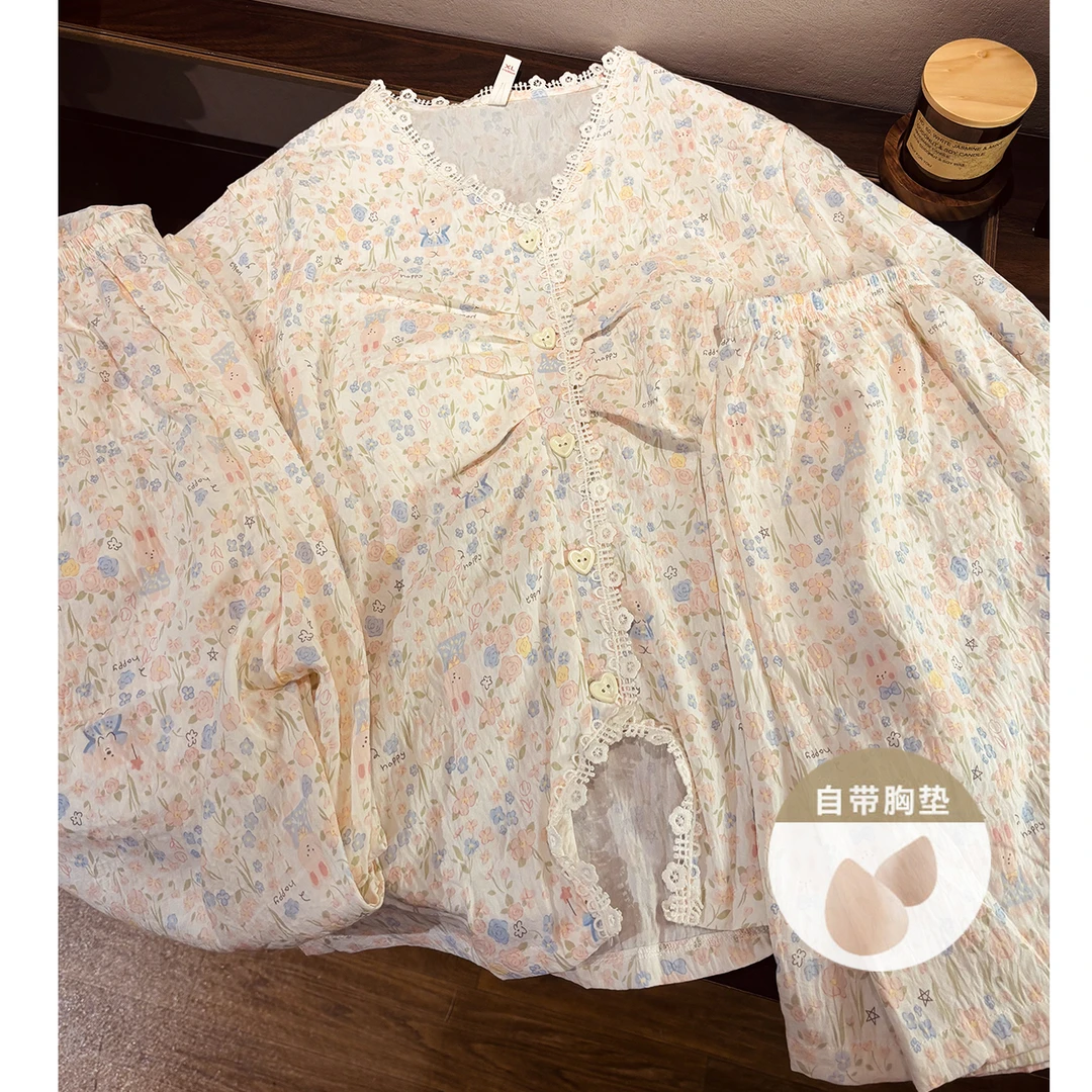 夏季带胸垫睡衣素雅风女士三件套家居服
