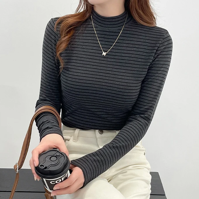 条纹打底衫微米绒保暖打底秋冬加绒长袖秋季显瘦百搭