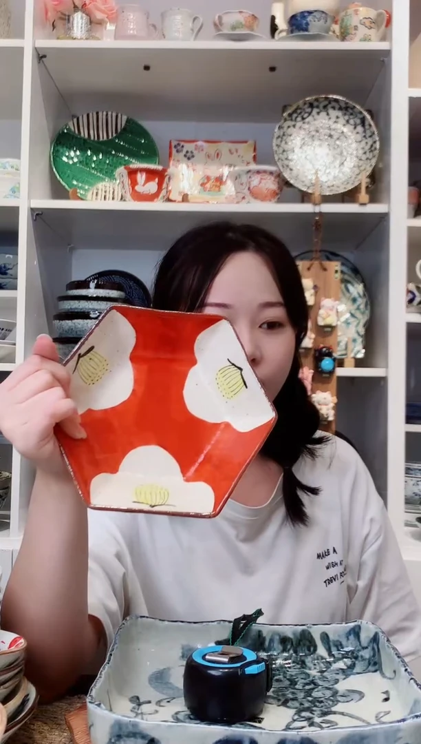 陶瓷濑户烧赤绘椿六角盘