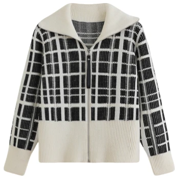 时尚拼接条纹连帽长袖百搭单排扣羊毛针织开衫-8337