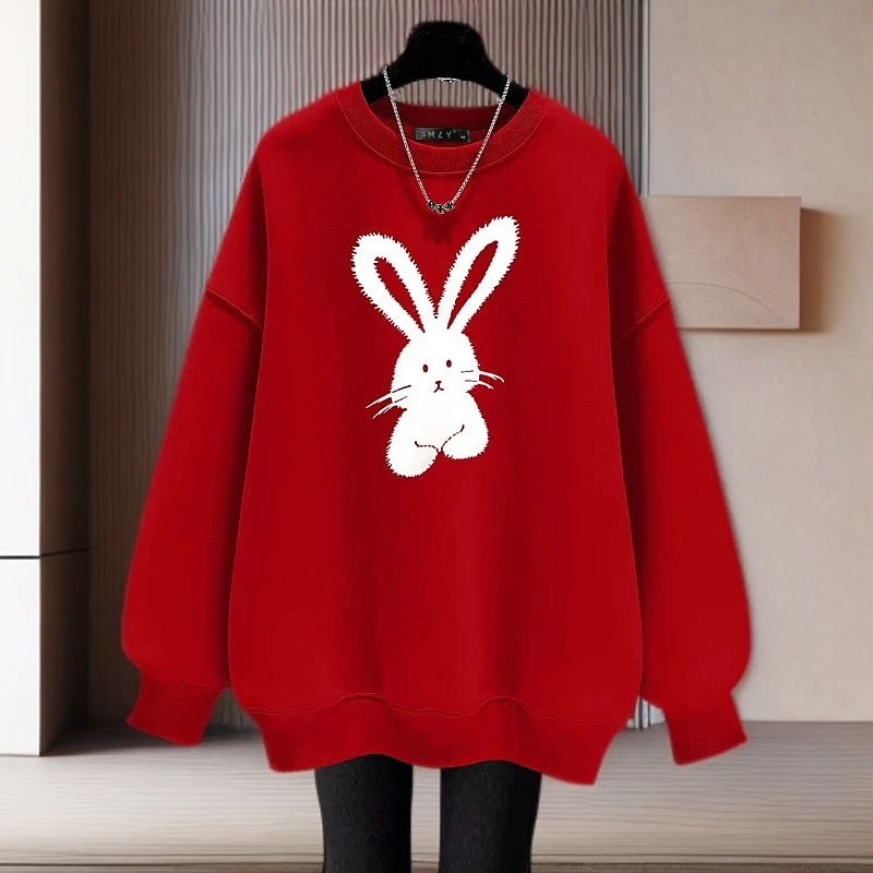 2025新款春秋冬设计感卡通兔子本命年圆领套头卫衣女潮加绒中长款