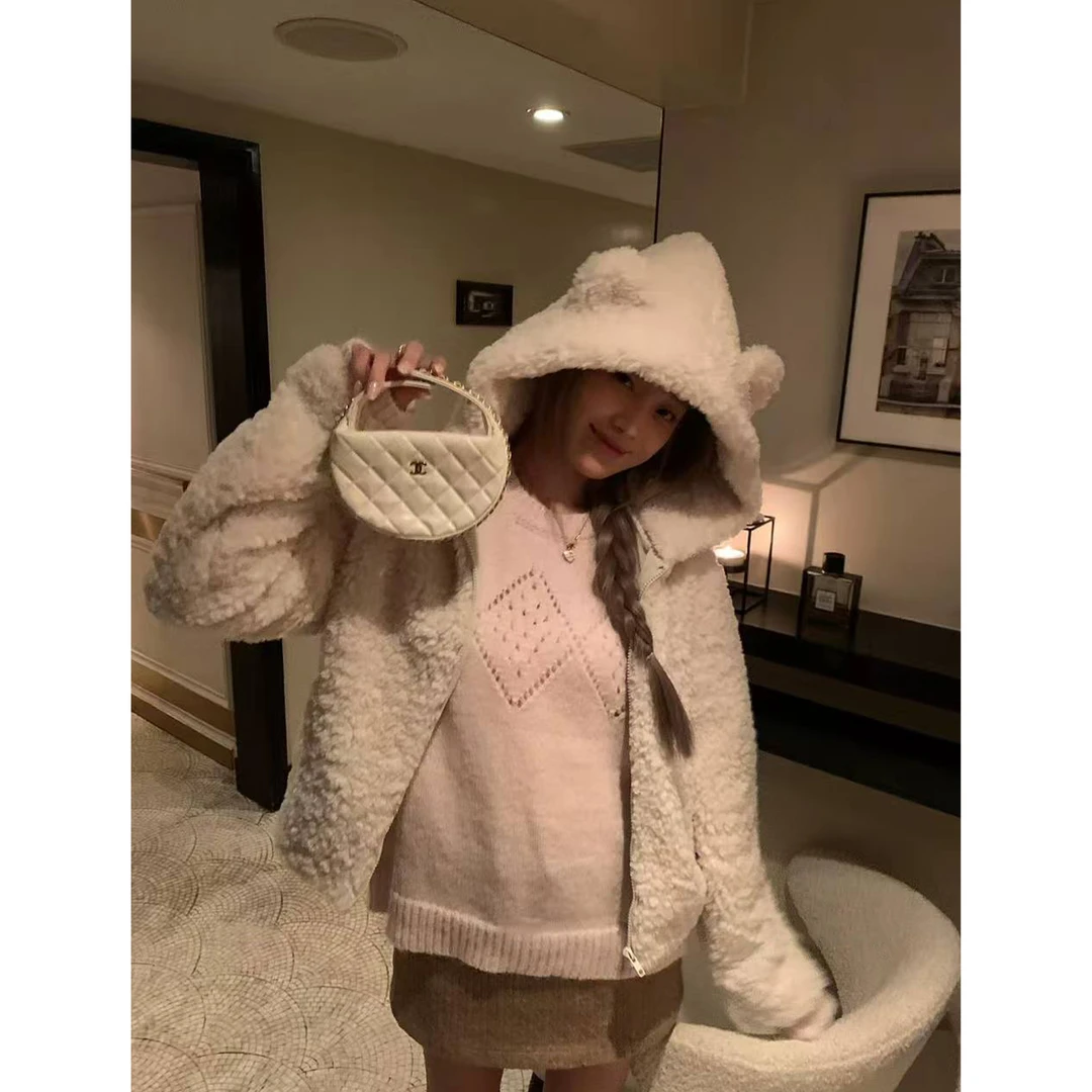 连帽直下摆慵懒风保暖女短外套甜美百搭韩版毛绒C 9633#