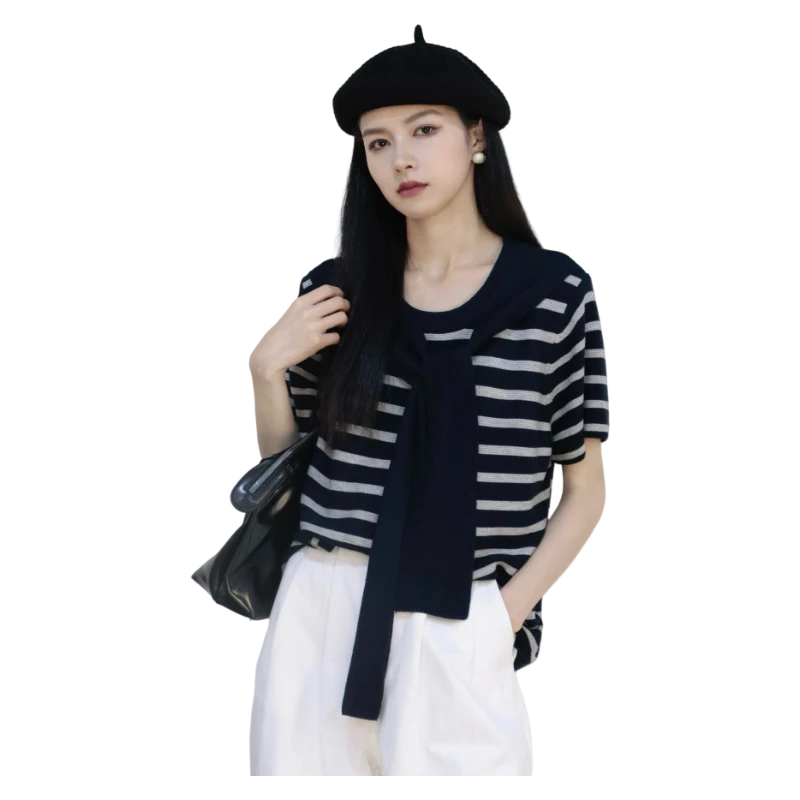 25夏季新品LIUKE留刻条纹假两件针织衫16250216508