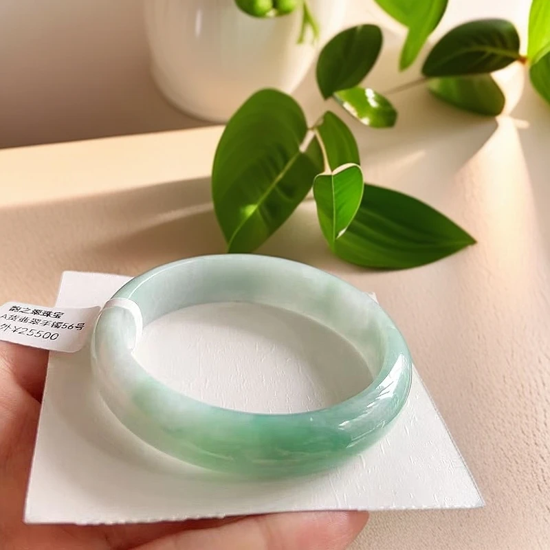 天然A货老坑缅甸翡翠手镯56正圈13.4*6.6半山半水绿色满色手镯