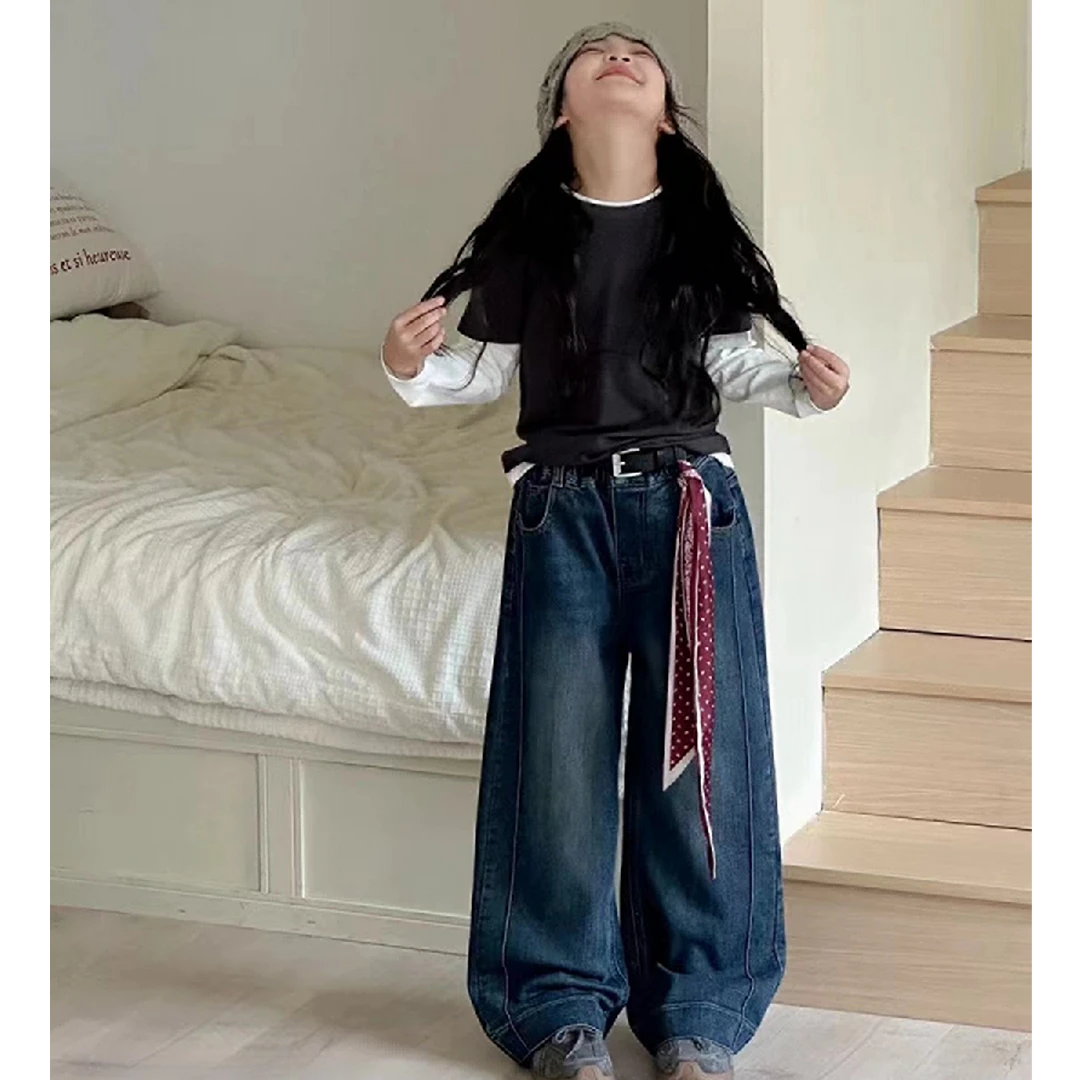 韩系女童春秋牛仔裤子2025新款儿童时髦洋气宽松直筒阔腿长裤潮