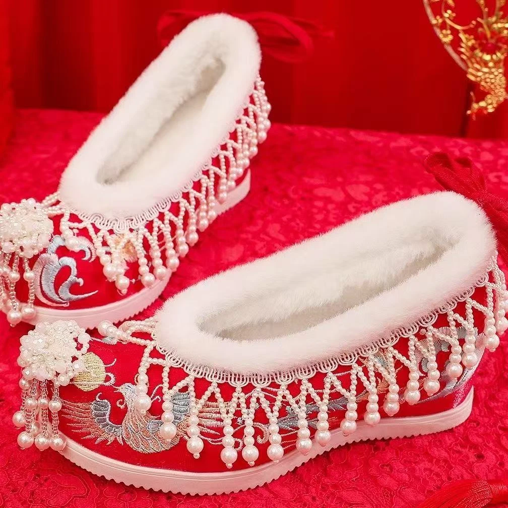 【凤祥白流苏】原创中式秀禾服新婚鞋古风红色汉服新娘结婚鞋绣花鞋