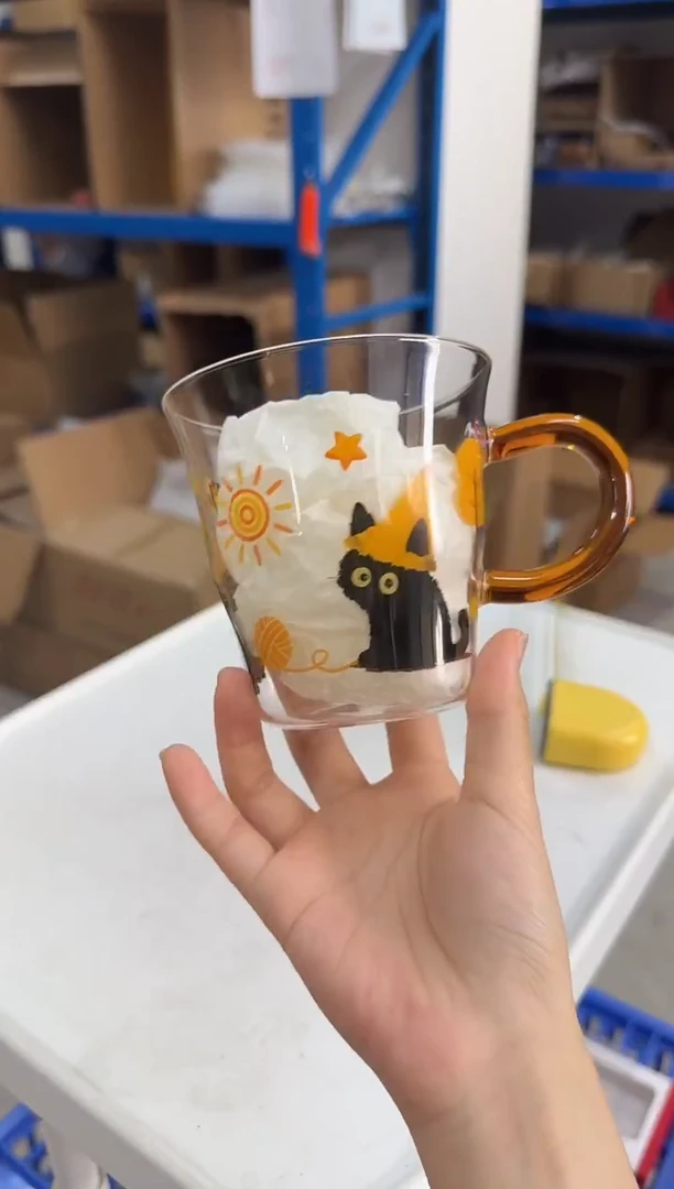 瓷片魔法喵黄色高硼硅玻璃杯