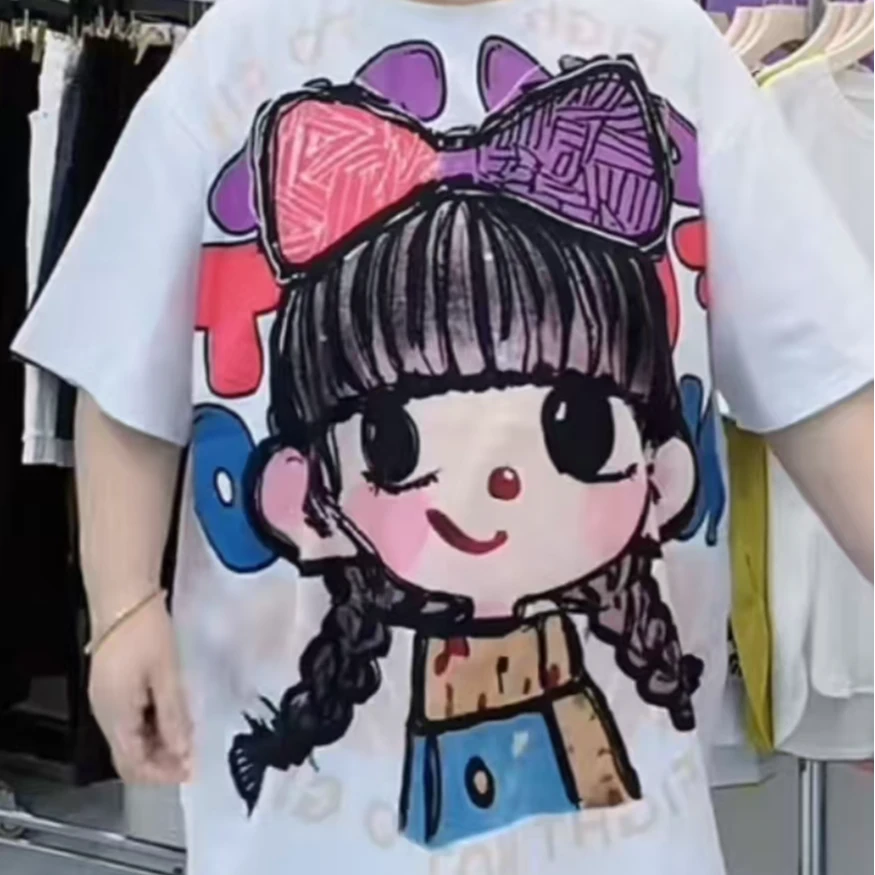 时尚大码印花蝴蝶结小女孩短袖（8811）洋气印花潮流休闲宽松