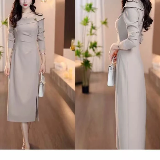 胜美女装秋2025秋季新款燕麦色斜交领优雅大气收腰显瘦连衣裙M-4X