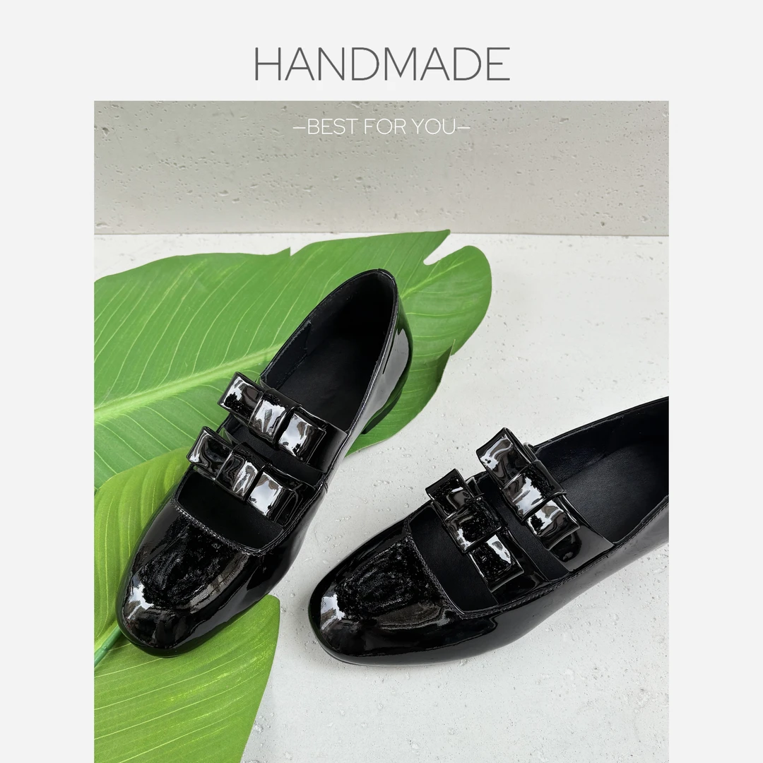 2CM头层牛漆皮新款甜酷平底单鞋小皮鞋蝴蝶结气质百搭高级感黑色