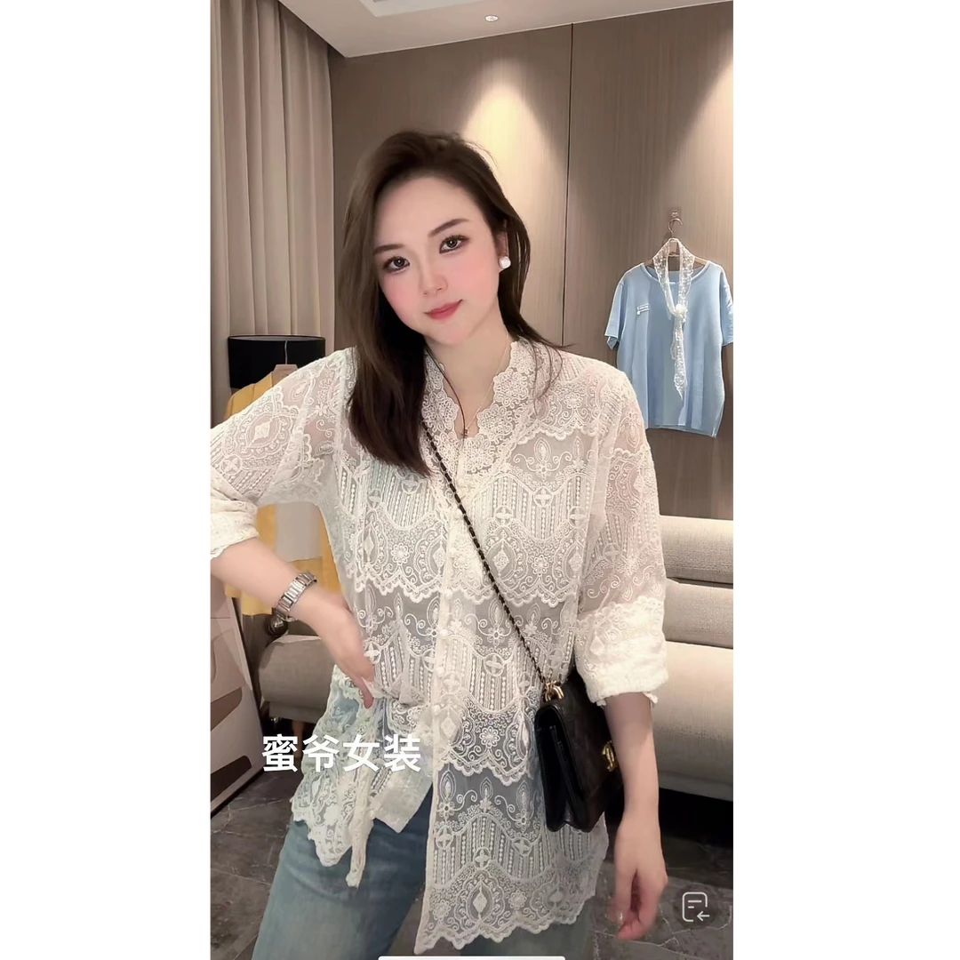 【蜜爷家】V领法式蕾丝钩花上衣c5906#