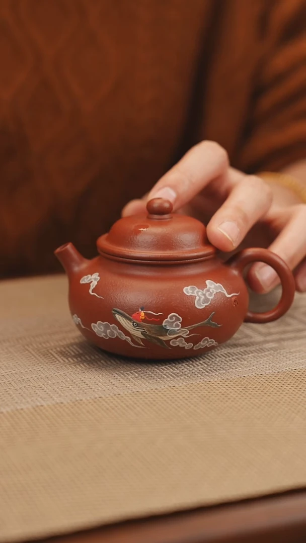 原矿朱泥大红袍泥绘融天砂壶25