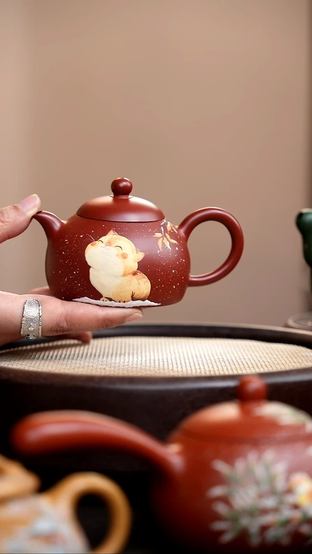 茶壶紫砂朱泥笠帽泥绘大橘008