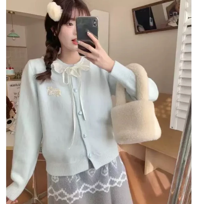 新款针织开衫温柔甜美蝴蝶结雷丝系带毛衣上衣女春季宽松显瘦外套