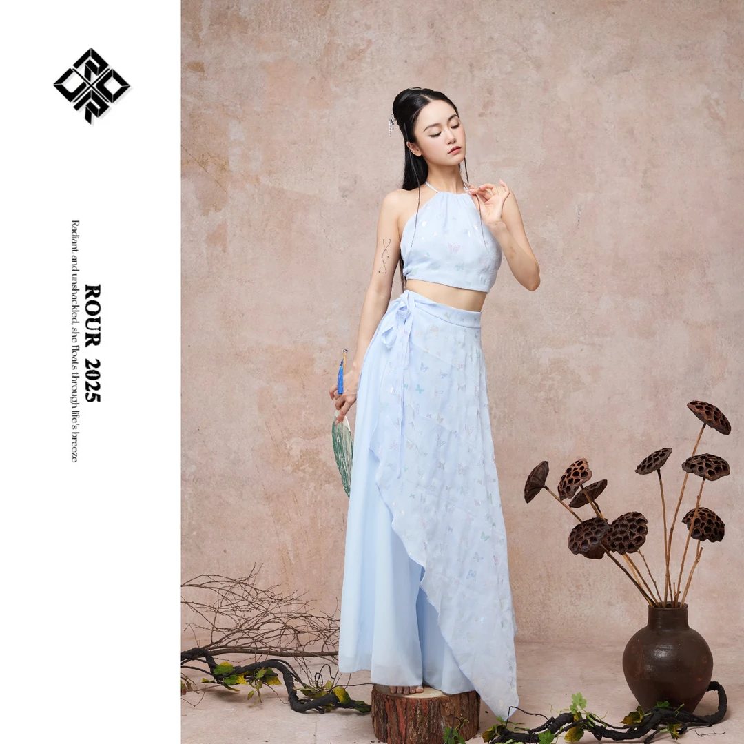 肉+盖【羽青】新款舞蹈服女蓝色烫金彩蝶肚兜系带裙清冷古风爵士