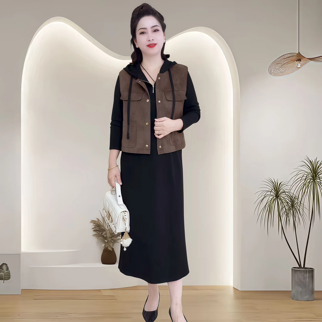 早秋新款洋气显瘦遮肉百搭马甲连帽卫衣裙两件套休闲时尚两件套裙