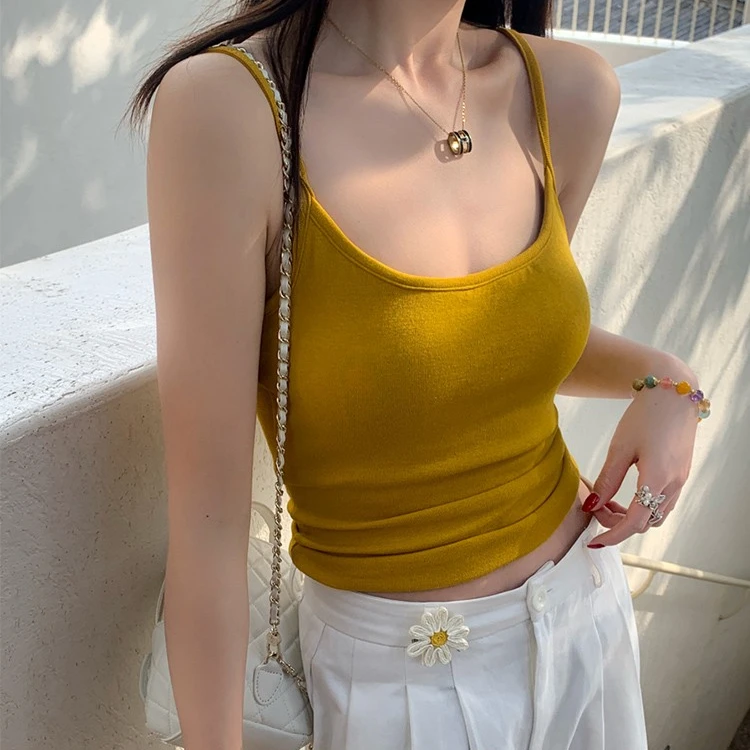 黄色带胸垫吊带女内搭2025夏季新款细肩带背心美背内衣打底小上衣