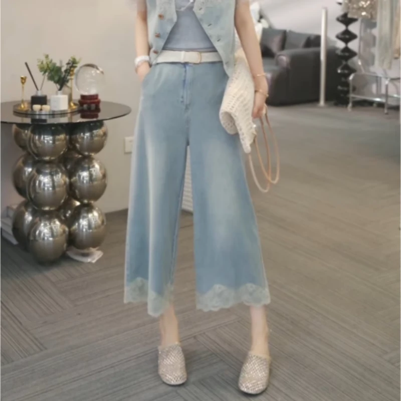乘风破浪2025春秋新款大码胖mm高腰百搭休闲蕾丝拼接阔腿牛仔裤女