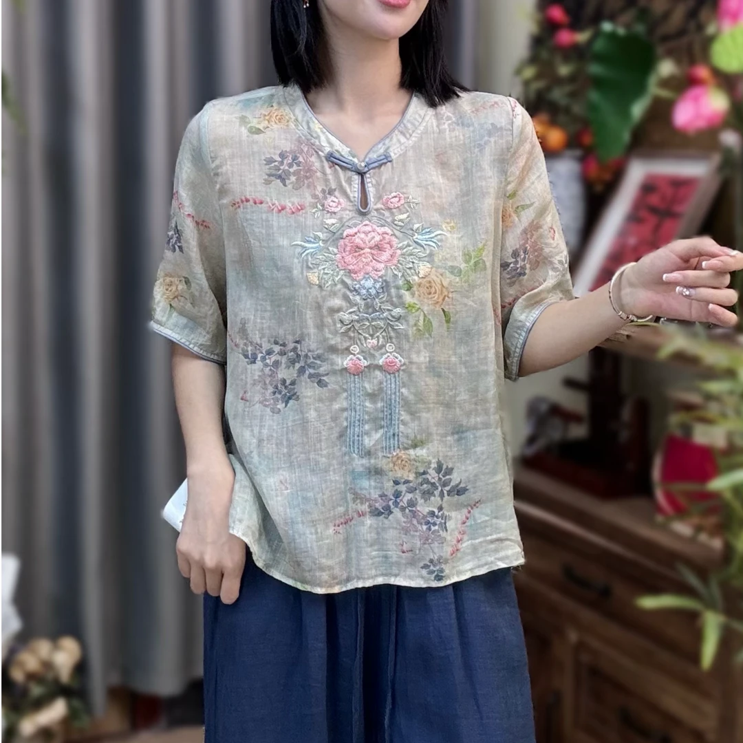 麻韵原创【花隐】夏季女士苎麻小衫复古盘扣衬衣防晒上衣宽松
