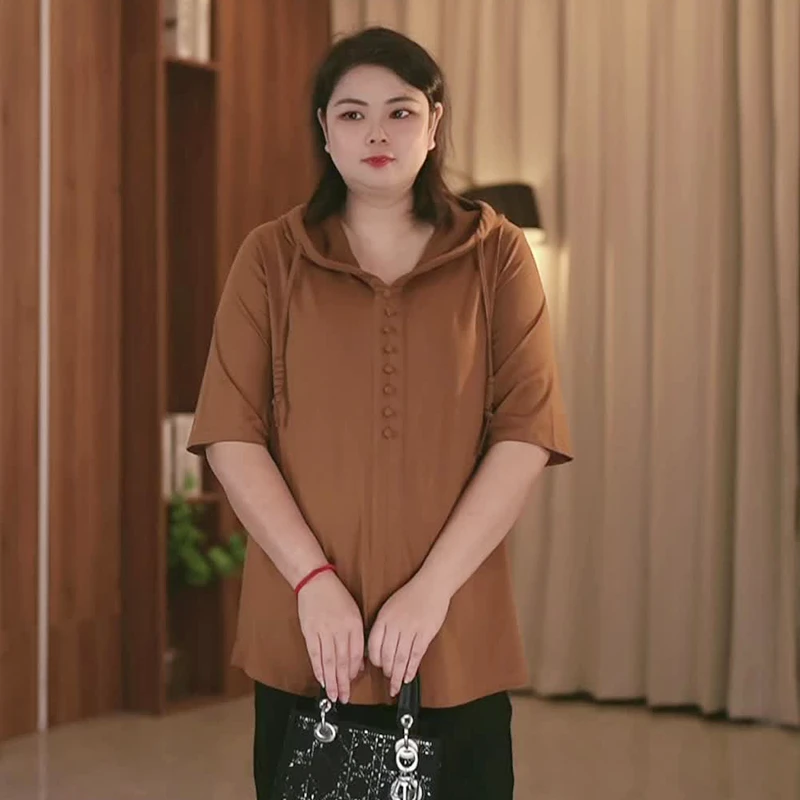 【韩服路】2025年新款夏季女士大码连帽时尚短袖宽松胖mm五分袖T恤