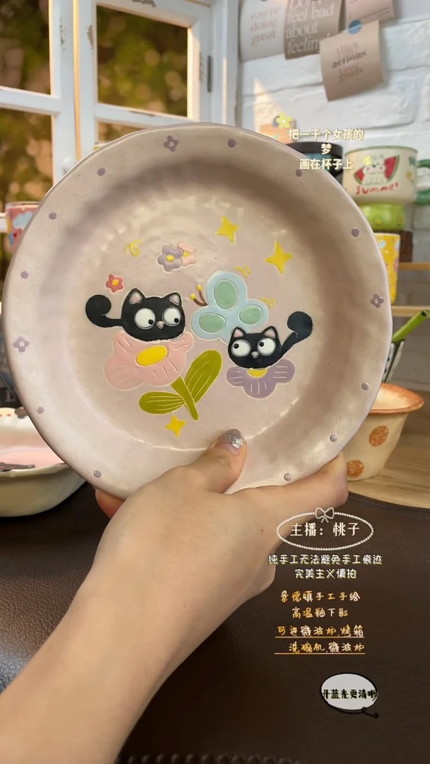 摆件小****?景德镇创意手绘可爱设计师款文创微瑕黑猫紫砂