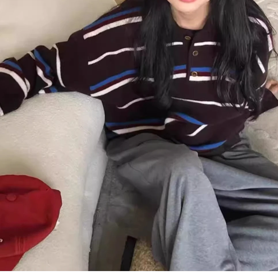 【欧尼】 秋款 宽松慵懒风 软糯撞色条纹 polo衫毛衣女