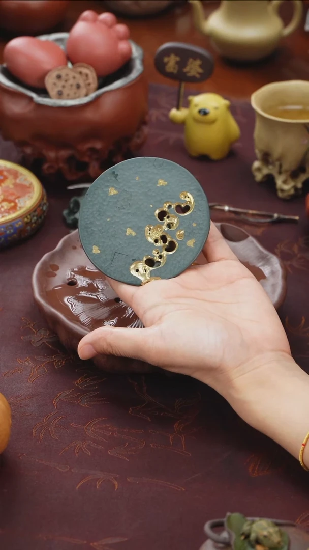 茶壶紫砂太湖石盖置描金全手工