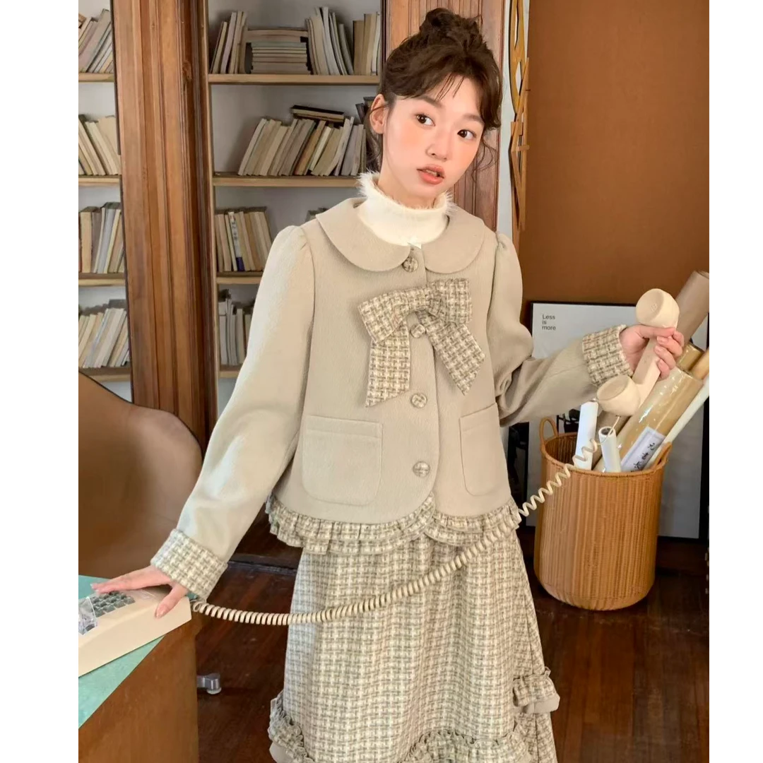 冬季新款学院风少女风森系INS风时尚套装短款套装娃娃领