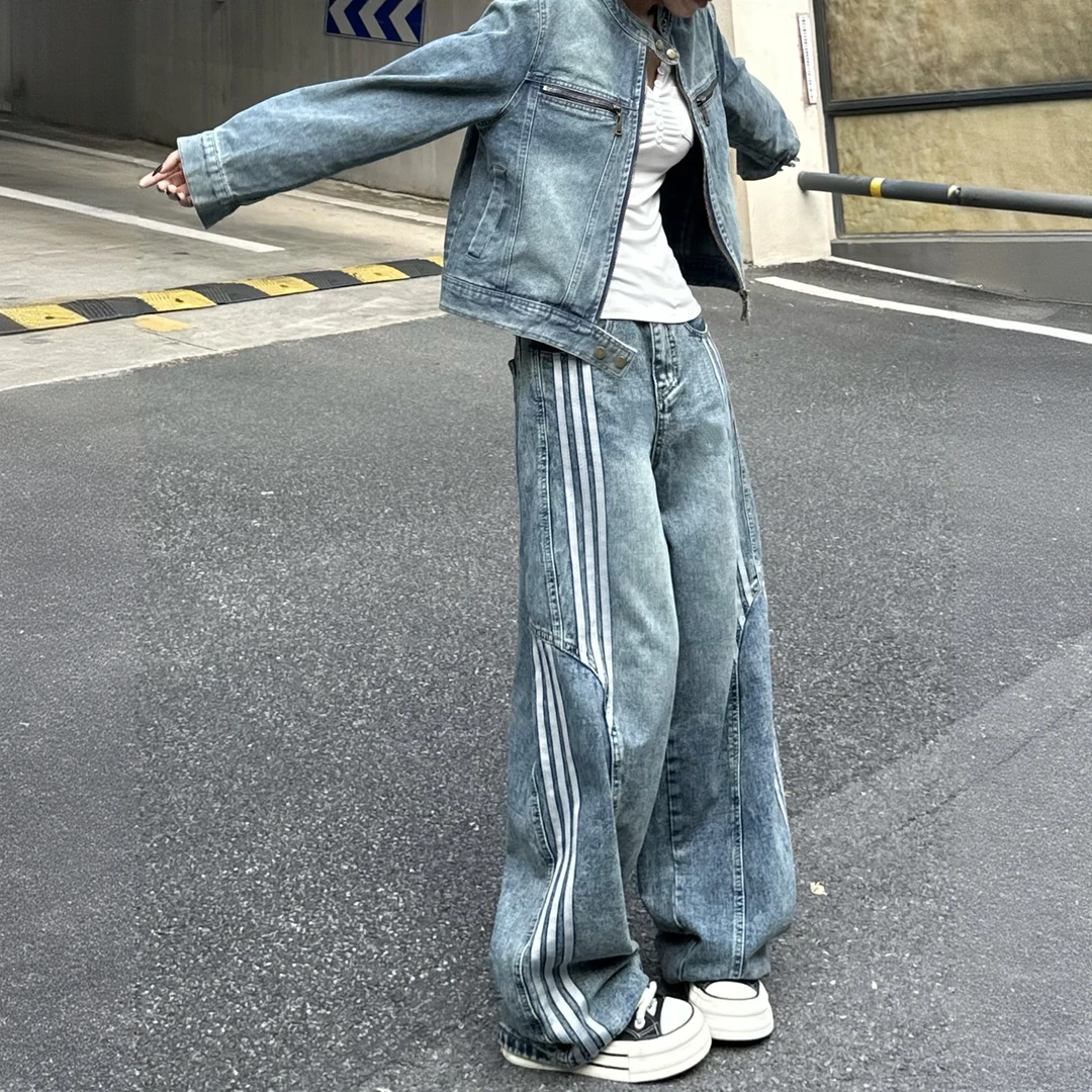 大码美式高街竖杆阔腿牛仔裤女秋季新款宽松设计感高腰拖地裤子潮