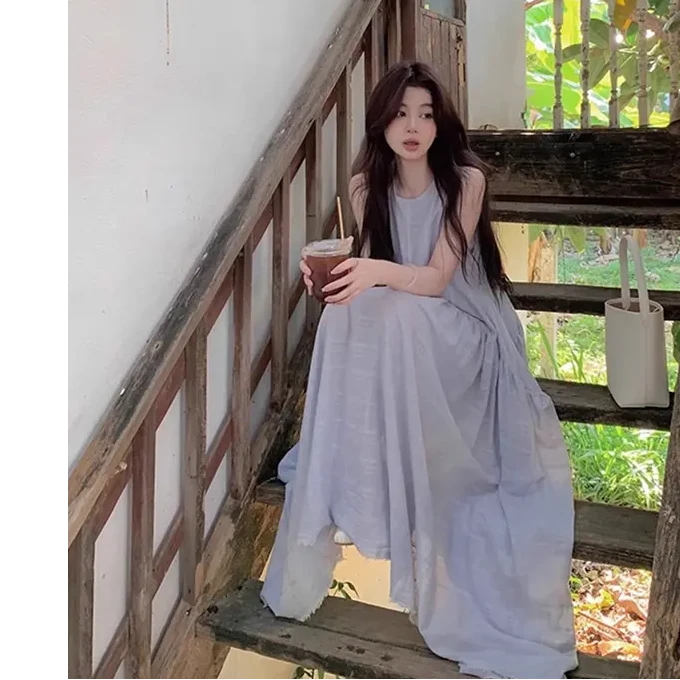 【静谧仲夏夜】海边度假风气质连衣裙2025夏季新款轻盈无袖气质长裙