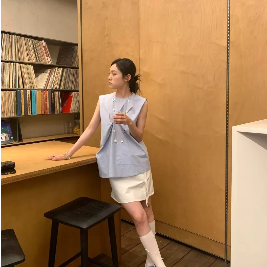 韩系少女慵懒风蓝色圆领无袖上衣夏季显瘦百搭配半身裙无袖套装