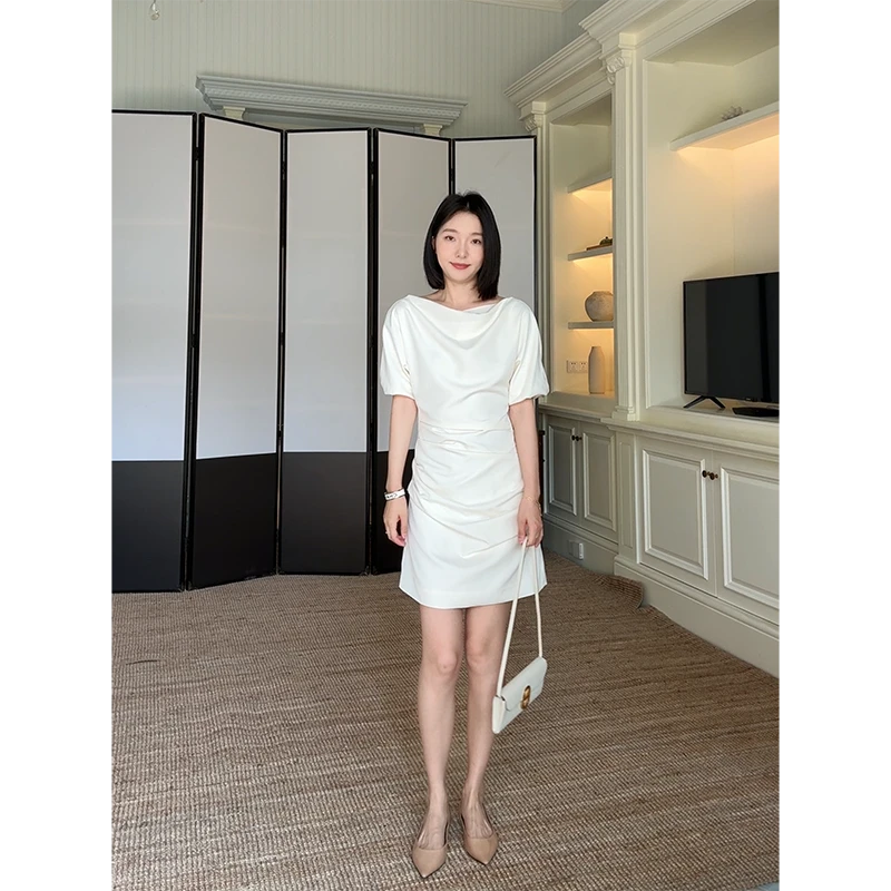 郭九九呢 法式气质简约荡领褶皱收腰显瘦轻礼服连衣裙 G925Z08976