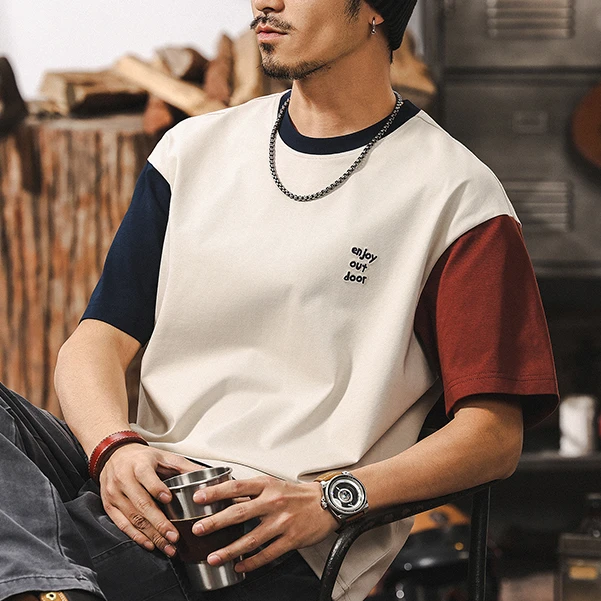 景君澜夏季新款拼色凉感t恤男短袖新款宽松大码美式复古重磅体恤