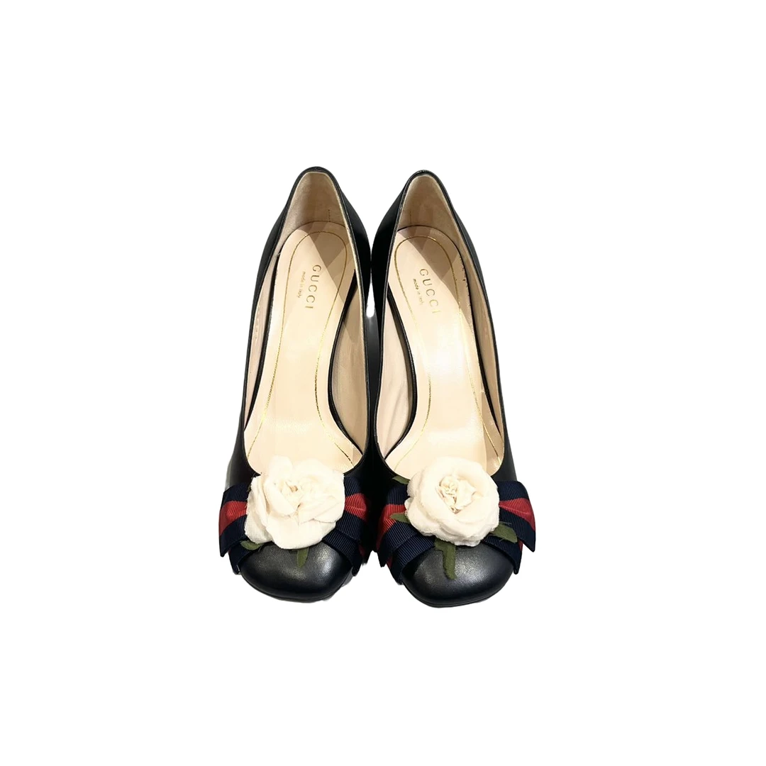 99新 GUCCI/古驰 蔚蓝/黑色山茶花高跟鞋/35码/跟高7/LZ801Y99