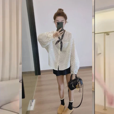 2025春季新款韩版圆领波点长袖衬衫不含领结
