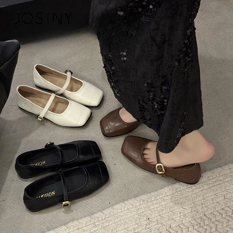 卓诗尼【品牌断码】2025新款浅口真皮方头女鞋黑色皮鞋平底鞋复古鞋