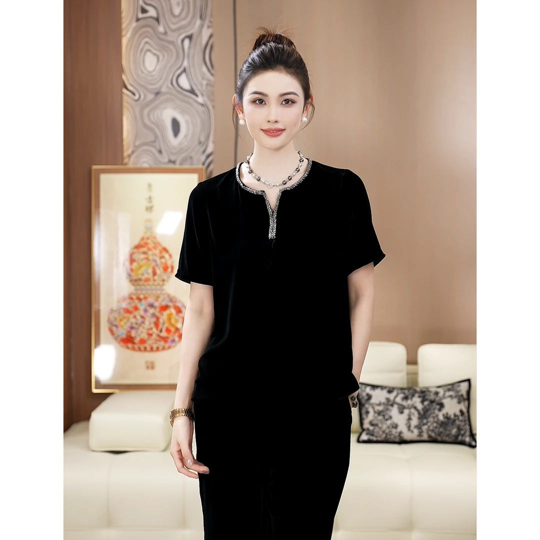 曜钻领黑色真丝丝绒气质百搭通勤短袖夏季上衣A050634