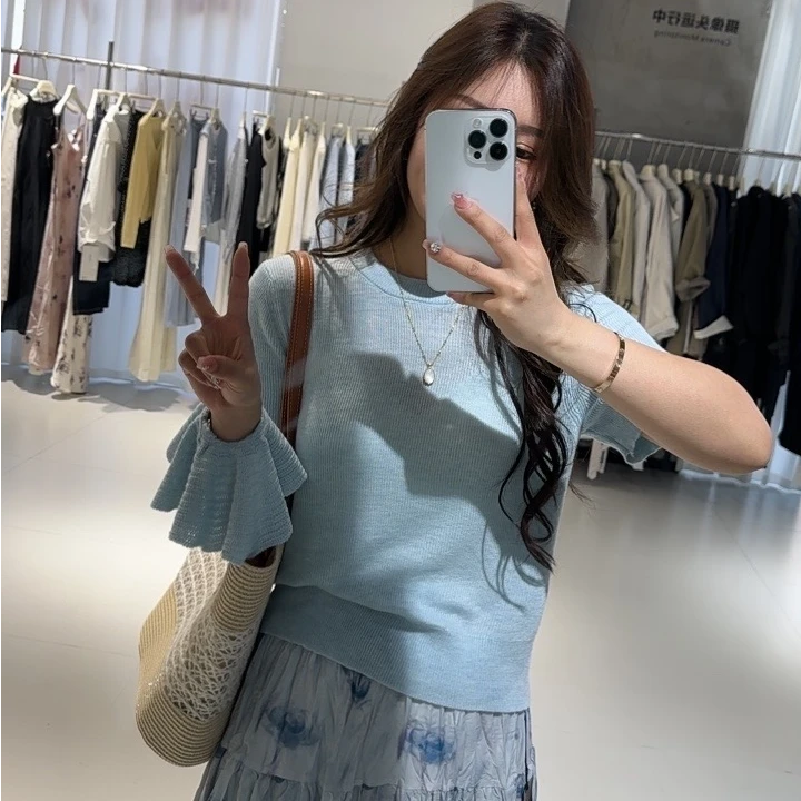 孤品【T0021】春季新款~头绳圆领纯色短袖针织衫JJ