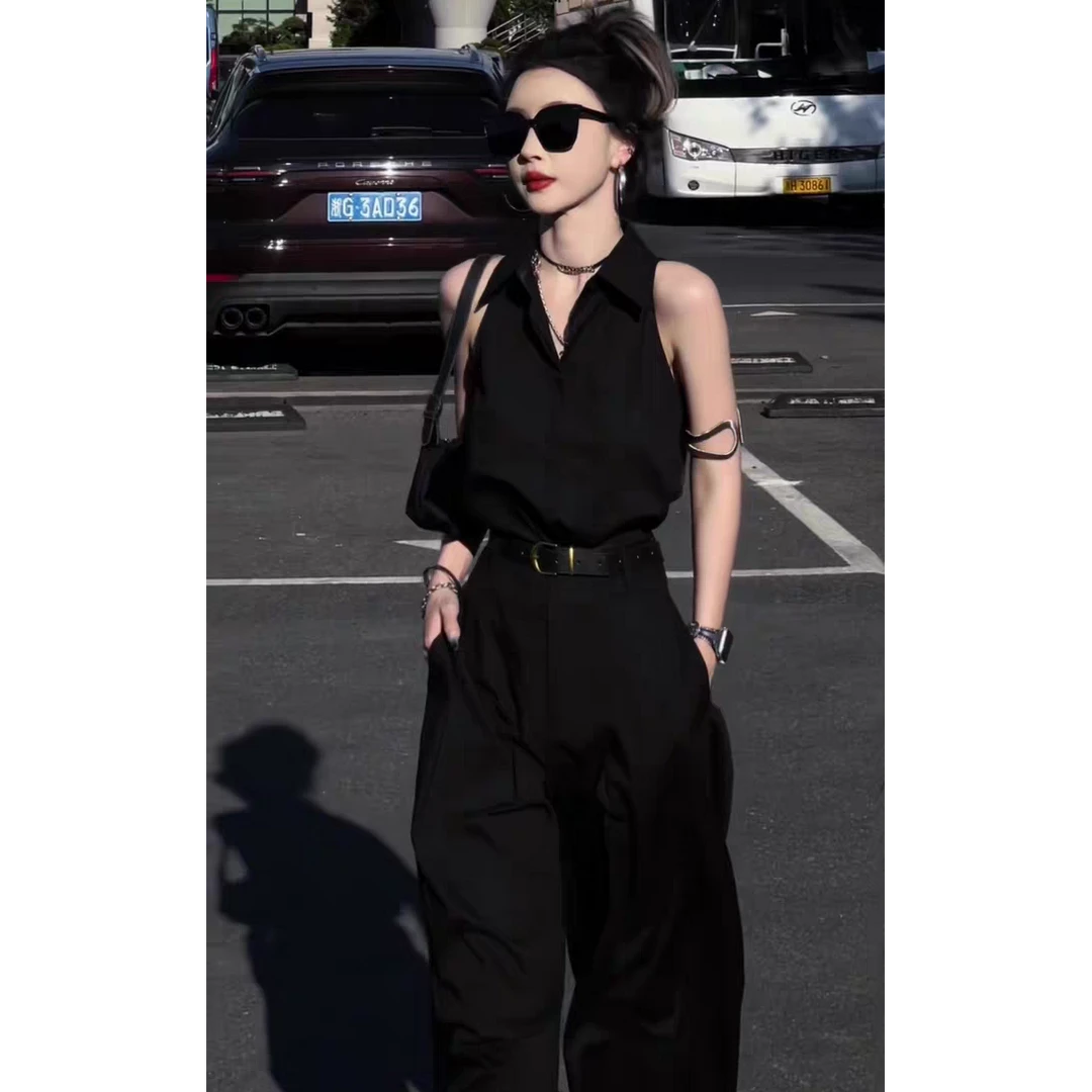 M158 高级感冷淡风法式领无袖衬衫高腰气质阔腿裤时尚洋气套装