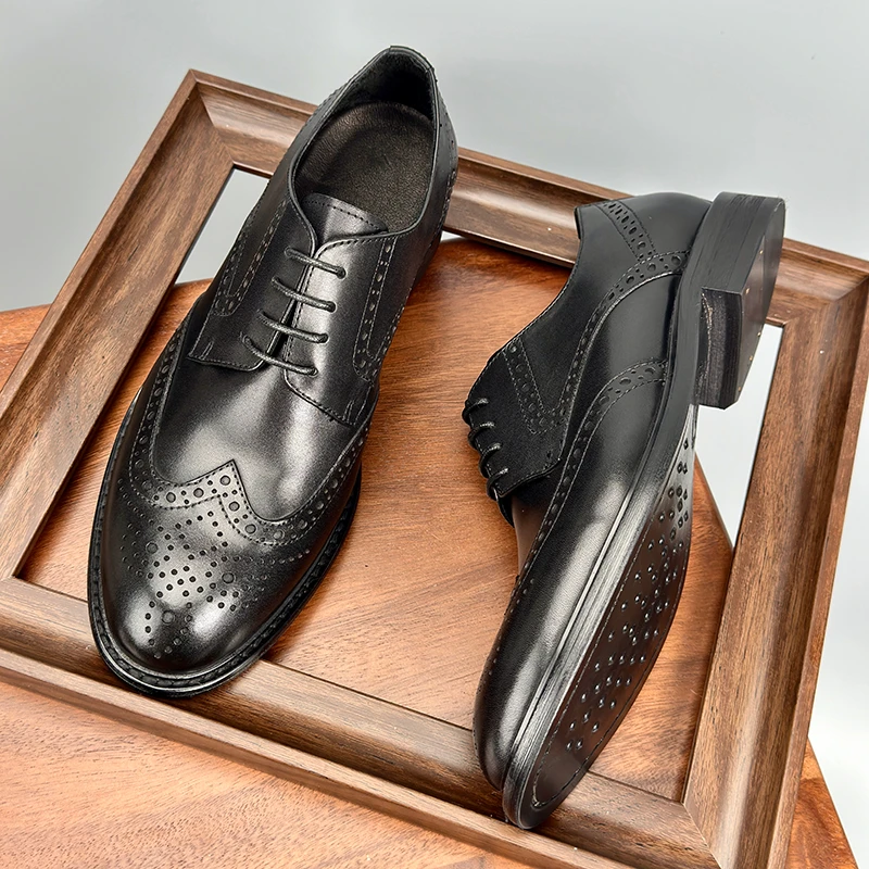 复古布洛克雕花休闲大码皮鞋男马皮水洗商务通勤真皮底手工德比鞋