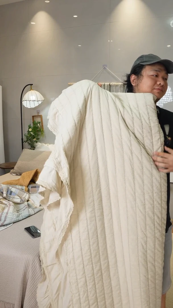 棉宽条奶咖色三件套