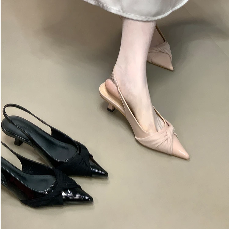 增高4cm~优雅尖头通勤高跟鞋法式拼接御姐风缎面浅口包头凉鞋女