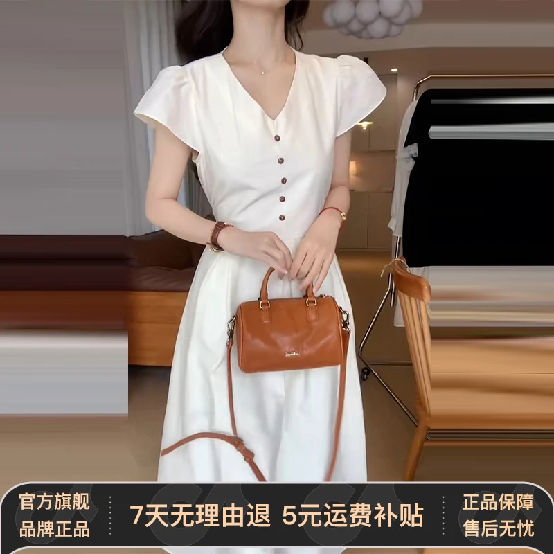 法式气质白色v领泡泡袖连衣裙子女夏季新款2025年高级感显瘦长裙