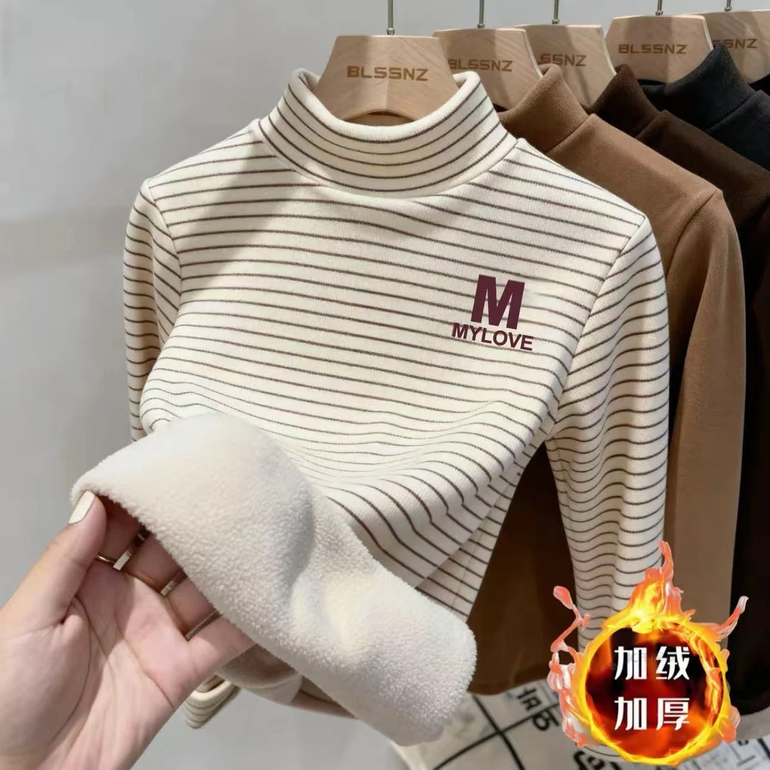 2025新款打底衫女童卫衣加绒加厚一体绒中大童半高领保暖印花上衣