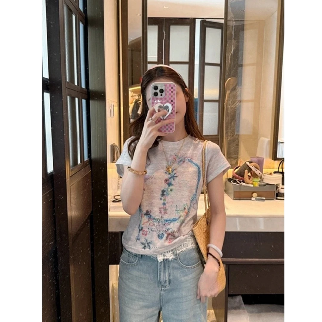 Notdefine夏季设计感修身显瘦上衣韩系彩色涂鸦印花正肩短袖T恤女