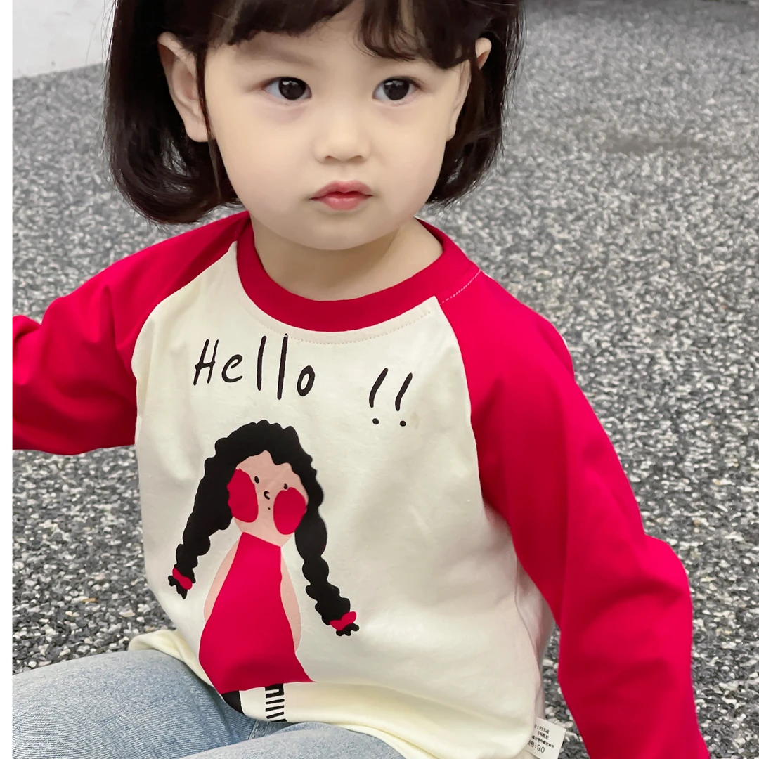 女孩红色撞色拼接长袖t恤女童春秋内搭打底衫宽松洋气休闲上衣