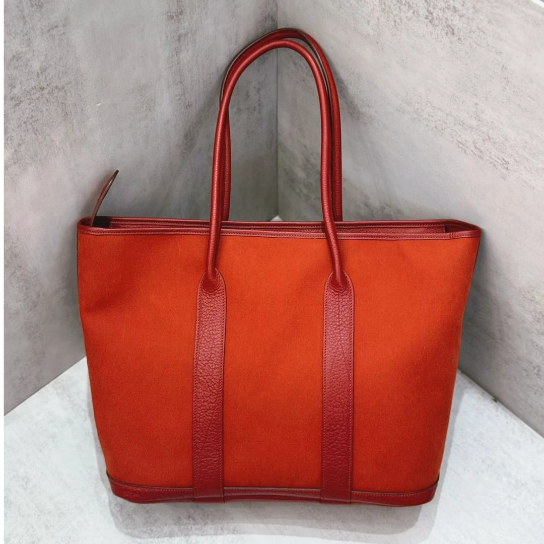 99新 Hermes/爱马仕 花园36手提包中古款 马鞍红色帆布拼皮框M