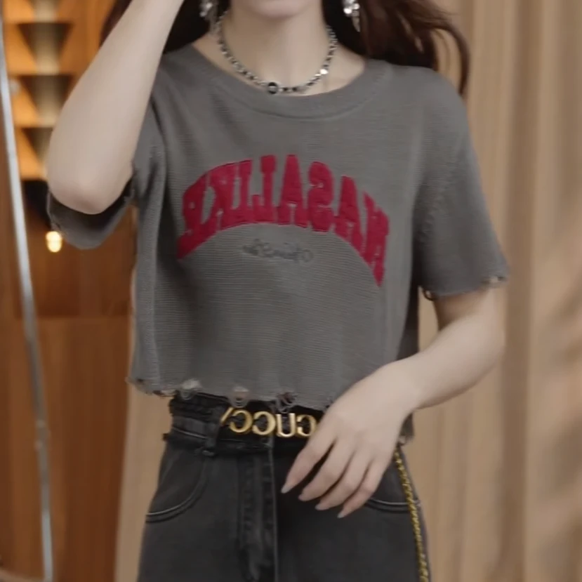 韩系设计感时尚百搭字母圆领短袖T恤女2025夏季新款少女休闲上衣