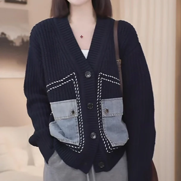 时尚复古针织小开衫女士2025秋冬新款高级感口袋时尚百搭休闲上衣