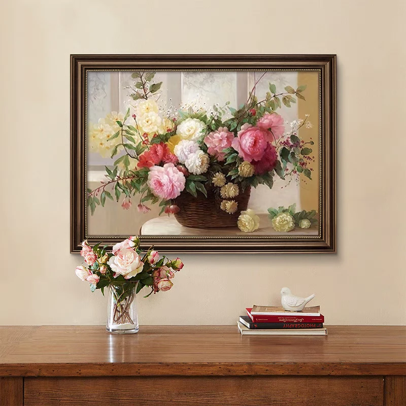 美式餐厅装饰画牡丹花开油画客厅挂画欧式玄关高级感壁画2025新款